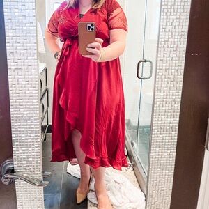 Burgundy Plus-Size Wrap Maxi Dress with Sequin Sleeves XXL